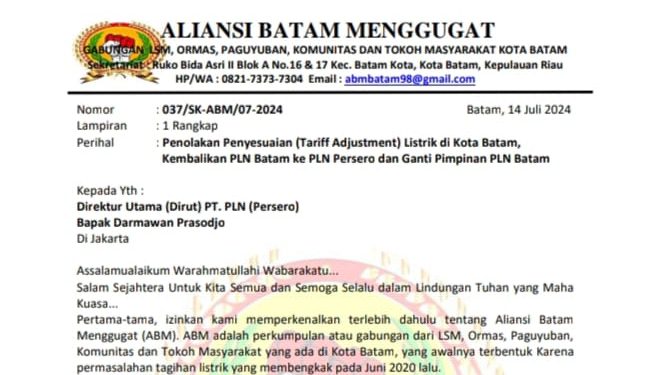 Tolak Kenaikan Listrik di Batam, ABM Surati PLN Persero dan Tembusan ke Presiden serta Menteri ESDM
